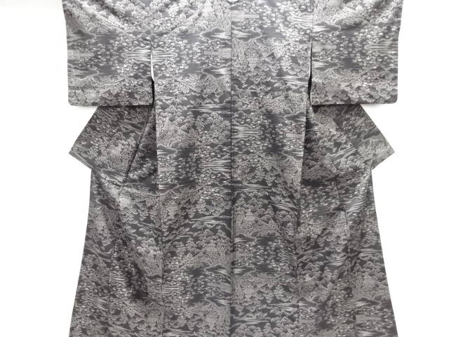 JAPANESE KIMONO / DORO OSHIMA TSUMUGI (9 maruki) /  WOVEN TEMPLE SCENERY 
